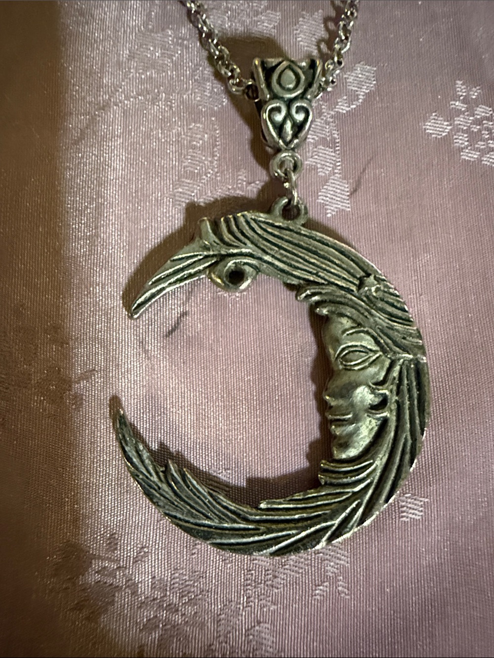 Silver Moon Face Pendant Necklace - Silver